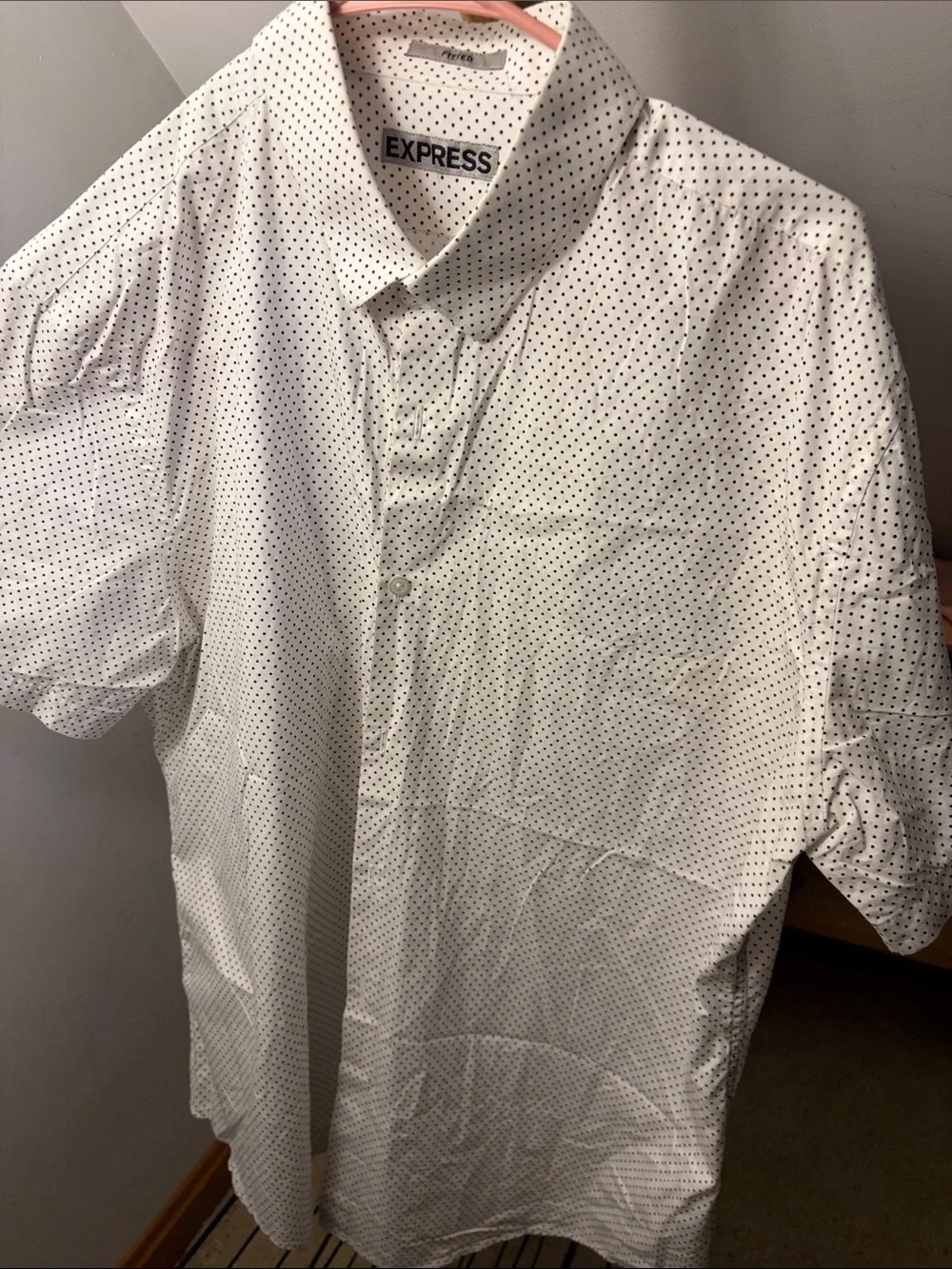Express Men’s White Short-Sleeve Button-Down Shirt with Black Micro Dots
